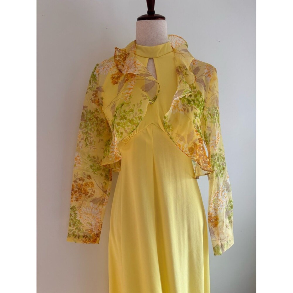 70’s Yellow Maxi Dress Floral Chiffon Overlay S Mod